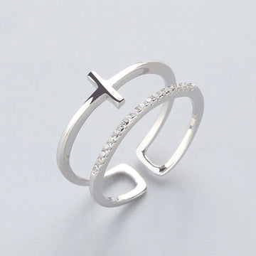 Silver Double Layer Zircon Cross Ring