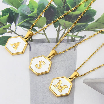 Gold Hexagon Initial Letter Pendant Necklace