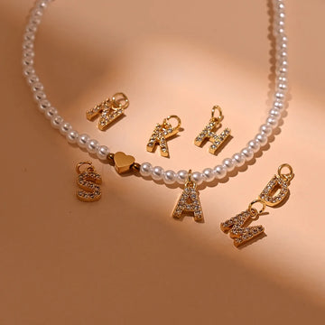 Pearl Bead Initial Letter Heart Pendant Necklace