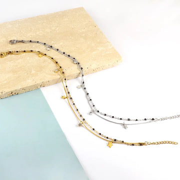 Double Chain Star Crystal Black Beads Anklet