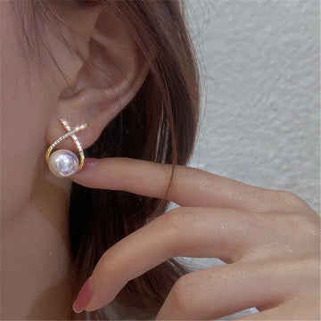 Ribbon Rhinestone Pearl Stud Earrings