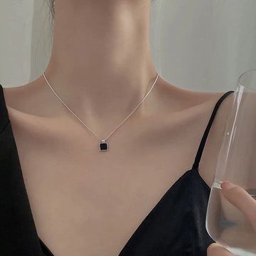 S925 Silver Black Square Pendant Necklace