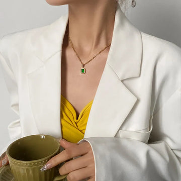 Stainless steel Chain Green Square Necklace