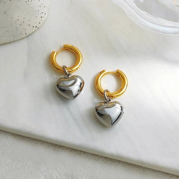 Mixed Gold Silver Solid Heart Pendant Hoop Earrings