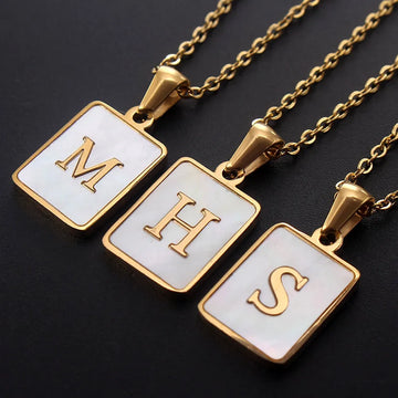 Square Gold Initial Shell Pendant Necklace