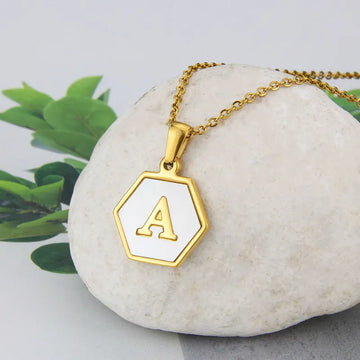 Gold Hexagon Initial Letter Pendant Necklace