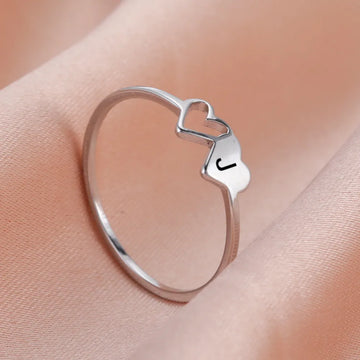 Double Heart Initial Letter Ring
