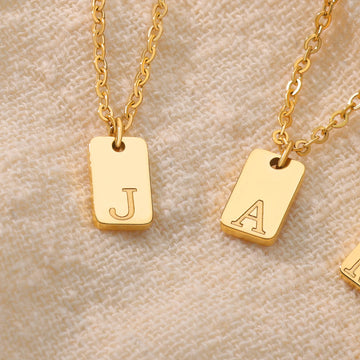 Tiny Square Engraved Initial Letter Gold Necklaces