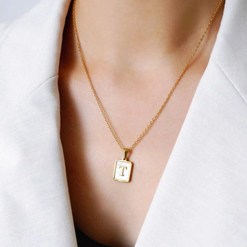 Square Gold Initial Shell Pendant Necklace