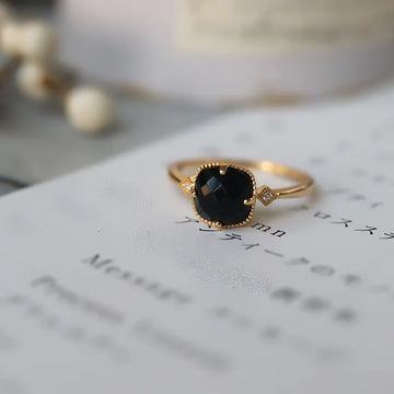 925 Sterling Silver 18K Gold Plated Black Natural Agate Zircon Square Ring