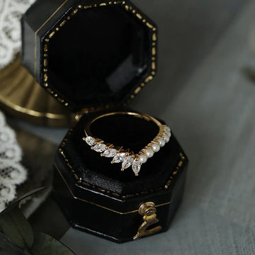 Exquisite Half Zircon Pearl Vintage Crown Ring