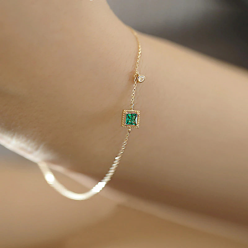 925 Sterling Silver Emerald Crystal Chain Bracelet