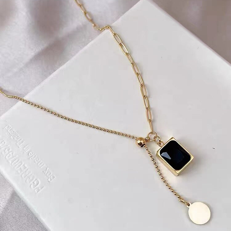 Black Stone Square Pendant Necklace