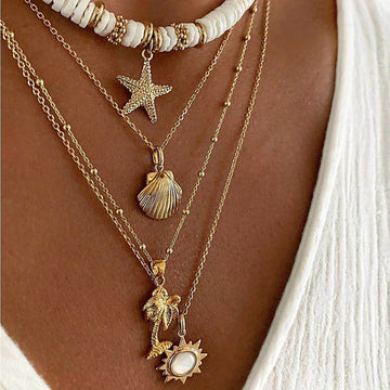 Layered Clay Shell Star Sun Pendant Necklace
