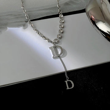 Zircon D Letter Pendant Long Necklace