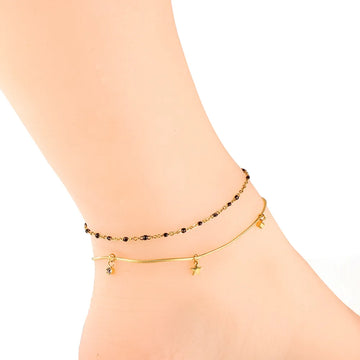 Double Chain Star Crystal Black Beads Anklet