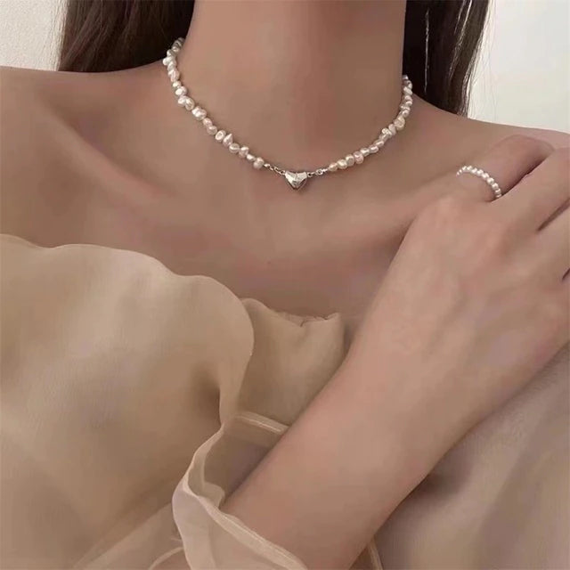 Pearl Chain Choker Heart Pendant Necklace