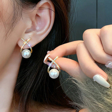 Ribbon Rhinestone Pearl Stud Earrings
