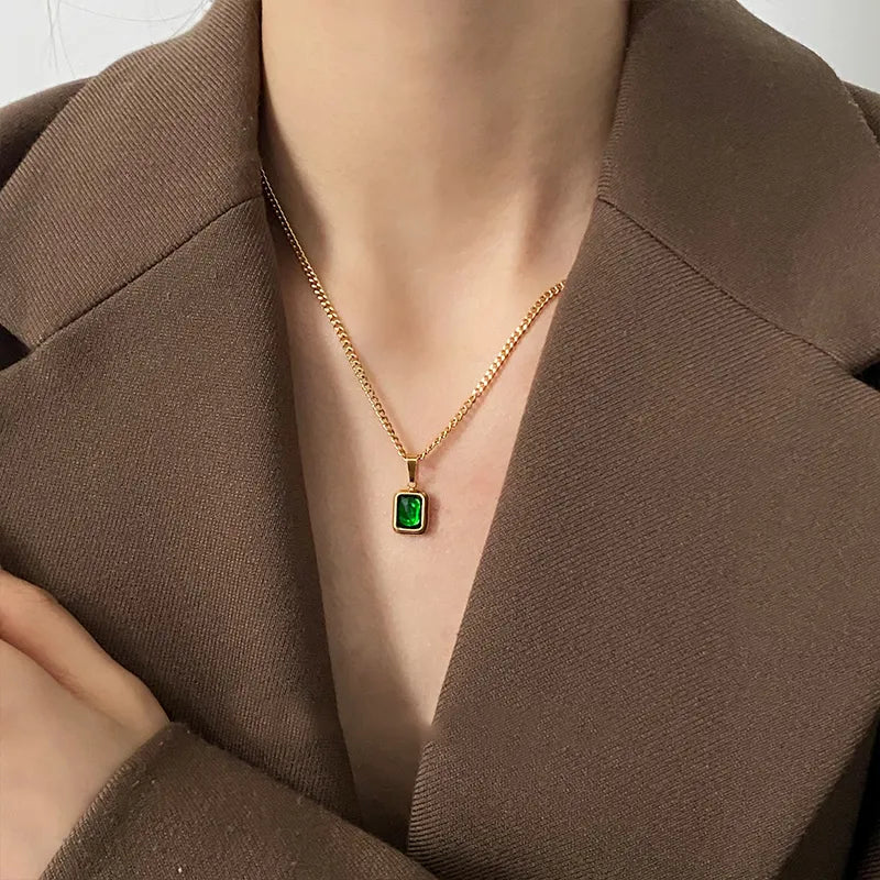 Stainless steel Chain Green Square Necklace