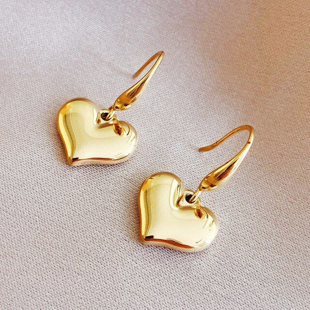 Stainless Steel Gold Colour Heart Dangle Earrings