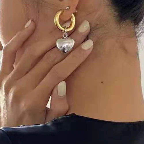 Mixed Gold Silver Solid Heart Pendant Hoop Earrings